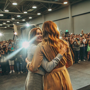 Melanie Scrofano and Katherine Barrell, hugging, at a promotional event. Bright lights and cameras flashing, creating a lively atmosphere.