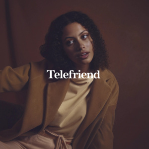 Logo design for TeleFriend. A clean, white box with the text 'TeleFriend' in bold, modern font. Set against a soft, earthy brown backdrop.