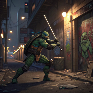 Leonardo, a Teenage Mutant Ninja Turtle, in a street fight scene. Graffiti-covered alley with flickering streetlights