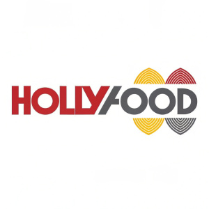 A creative logo featuring the name 'HOLLYFOOD'. The design uses a mix of vibrant colors including bold red, bright yellow, and subtle gray. The letters are stylized with abstract shapes, forming a modern and unique look.