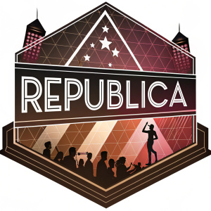 Logo for República, featuring bold geometric shapes and vibrant color gradient of black, brown, and pink. Contemporary font spelling out 'República'. Stylish, modern design with dynamic lighting effects.