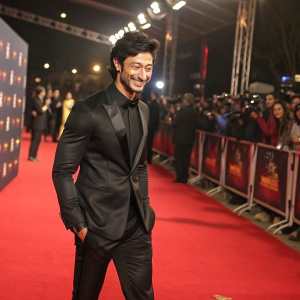 Vidyut Jamwal in a sleek black suit, smiling at the 2015 Filmfare Awards. Red carpet setting