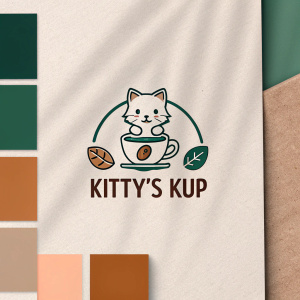 Digital branding for Kitty's Kup. Modern design with sleek, minimalist style. Focused on brand logo and earthy color palette.
