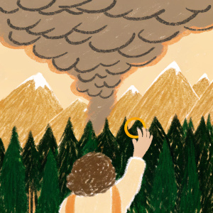 Poster for 'The Lord of the Rings: The Fellowship of the Ring'. Frodo Baggins, with the One Ring, standing at the edge of the forest, looking towards the mountains. Dark clouds and stormy sky in the background.
