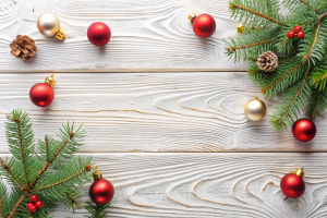 mockup white wooden table, top view background, Christmas, Christmas tree toys