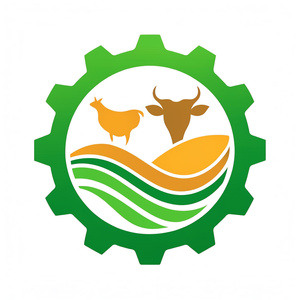 Design me a logo that contains an agricultural field, a cow and a chicken inside and around it forms a gear