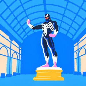 Venom statue, standing tall in a dimly lit gallery. Intimidating pose and fierce expression. Black with white and red accents.