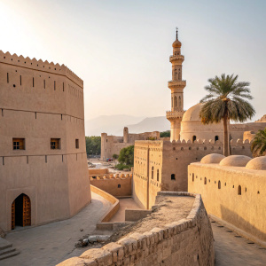 Ancient Nizwa Fort, adorned with sandy-hued stone walls, stands proudly in Oman. Traditional Omani architecture