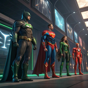 Digital art of Batman, Wonder Woman, Superman, The Flash, and Green Lantern in a lineup. They are in vibrant colors and dynamic poses. Futuristic setting with sleek walls and panels. Reminiscent of modern video game graphics.