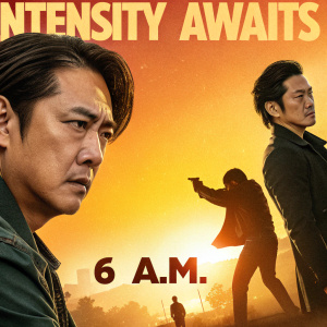 Promotional poster for '6 A.M.', starring Kenny Kwan Chi-Bun and an unnamed actor. Warm orange and yellow tones dominate the dynamic action scene. Prominent display of the actors amidst shadowy figures symbolizing supporting characters. Text reads 'Intensity Awaits' in bold letters.