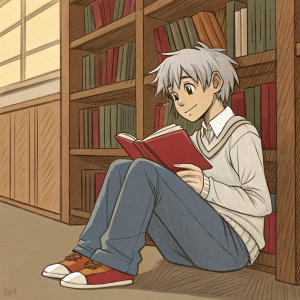 Kaworu Nagisa from Neon Genesis Evangelion, youthful face, playful expression. Sitting in a cozy library with books surrounding him, sketch