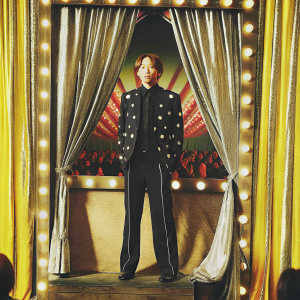 Onew from SHINee, in a formal setting. Wearing a black suit with white stars. Standing confidently on stage with award show backdrop.