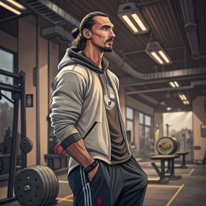 Zlatan Ibrahimovic, in an indoor fitness center, wearing a casual workout outfit. Gym equipment in the background.