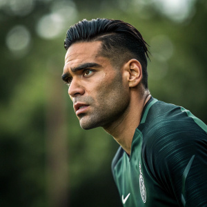 Close-up of Radamel Falcao Garcia, intense stare. Dark green sports jersey. Green blurred background