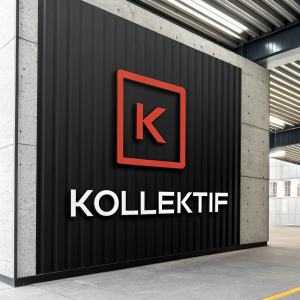 Digital artwork showcasing the Köllektif logo. Bold black square framing the letter 'K' and brand name in strong font.