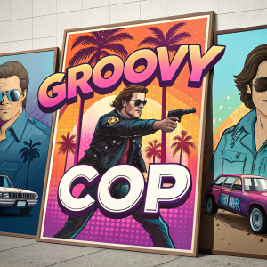 Colorful movie posters for 'Groovy Cop'. Retro style with vibrant colors, showcasing action and humor scenes. Focus on main characters and vehicles, evoking 70s and 80s nostalgia.