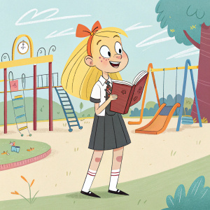 Illustration of Phoebe from Hey Arnold!, in her school uniform, holding a book. Brightly colored playground in background