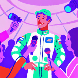 Daniel Ricciardo, smiling, in a racing suit with numerous sponsor logos. Crowded press conference room in the background