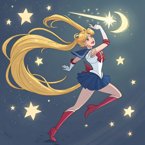Sailor Moon, in a dynamic pose, her golden hair flowing. Wearing the iconic Sailor Scout uniform, glowing in a dark, starry cosmos.