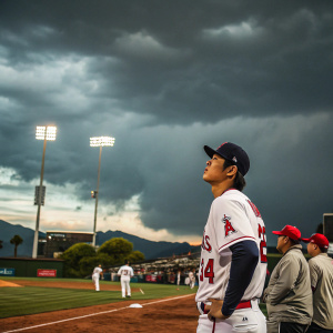 Shohei Ohtani in a white jersey with LA Angels logo, on a baseball field. Dark clouds looming overhead, players gathered around him, intense game in progress.