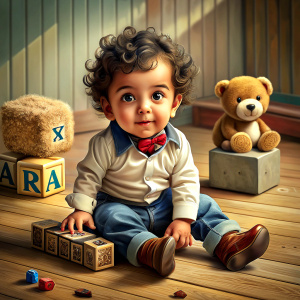 create a photo of a happy Indian baby with curly hair wearing jeans and brown cowboy boots, playing with a teddy bear and on the floor some wooden cubes with letters forming the word ammar