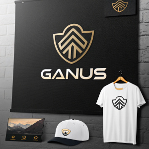 Ganus logo, a sleek emblem with minimalist design, seen on various merchandise and backgrounds. Modern branding focus