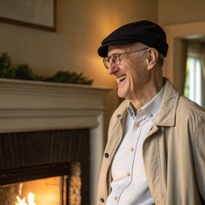 James Cromwell, cheerful and smiling, dressed in a black cap and glasses. Light colored shirt and beige jacket. Indoors, beside a fireplace.
