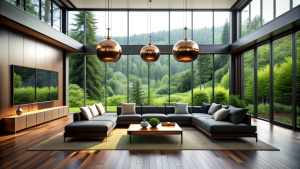 A modern living room with high ceilings and picture windows offering a panoramic view of the lush greenery outside. The interior features a dark, minimalist color scheme, with a large, plush sofa in the center, a flat-screen TV mounted against the glass wall, and stylish wooden flooring. Hanging from the ceiling is a series of copper-colored spherical pendant lights, adding a warm glow to the space. The atmosphere is cozy and luxurious, perfect for relaxing or receiving guests. In the center of 