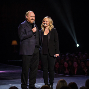 Louis CK and Amy Poehler hosting an awards show. Dark stage with spotlight. Audience in the background.