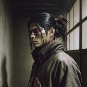 Itachi Uchiha from the anime Naruto. Intense gaze, black hair tied in a high ponytail, wearing his signature outfit with Sharingan eyes.