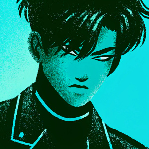 Digital illustration of Jae Park from Day6. Dark, styled hair, edgy look. Close-up portrait. Deep blue background. Vibrant style, detailed facial features, stylized clothing elements.