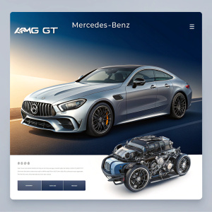 A digital marketing page showcasing AMG GT model of Mercedes-Benz. Sleek design with car specs and engine close-up on a gradient background. Pricing and specs in English.