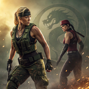 Promotional image for Mortal Kombat film. Sonya Blade and Mileena in intense combat pose. Background is digital art style