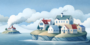 White illustration, Rene magritte style, isolated surrealistic collage of a lot of old Tasmanian houses and trees on island, huge ocean and big sky, light pastel colors, asymmetrical composition, zoom out view, grainy texturing paper