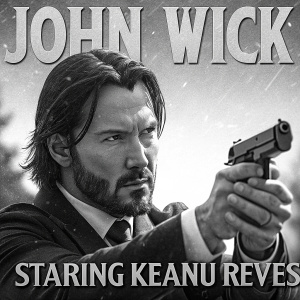 Illustration in comic book style featuring John Wick. Close-up of Caucasian male with beard. Intense expression. Gun in hand. Black and white. Text elements: 'John Wick' and 'Starring Keanu Reeves'.