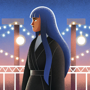 Weiss from Final Fantasy VII Remake, with long blue hair, in a serious pose. The background is a mystical, neon-lit cityscape, with a soft, pastel color palette. Digital artwork, anime style.