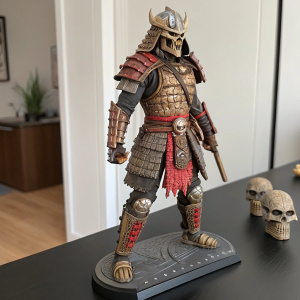 High-definition render of a Sengoku Predator action figure. Displayed on a sleek black surface, the Predator's intricate armor and skulls are prominently featured, highlighting the detailed textures and vibrant color scheme of brown, gray, and red.