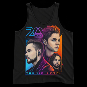 Promotional graphic for Tokio Hotel's 20th Anniversary. Black tank top design featuring band members, vibrant color palette of purple, blue, and orange. Clear and detailed text, premium quality print.