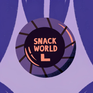 Promotional poster for Snack World. Dark blue background, Snack World logo in circular design with L-shaped emblem. Shiny metallic elements