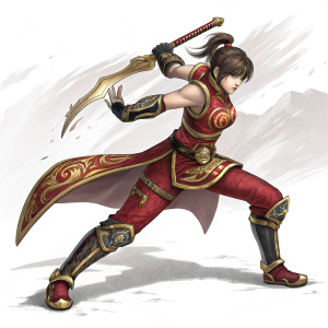 Illustration of Xianghua from Soul Calibur 2, in a dynamic fighting pose. Detailed artwork with intricate red and gold outfit design. Modern art style