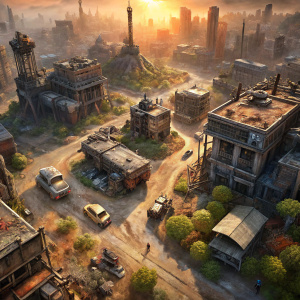 a zombie, a post-apocalyptic city, aerial shot