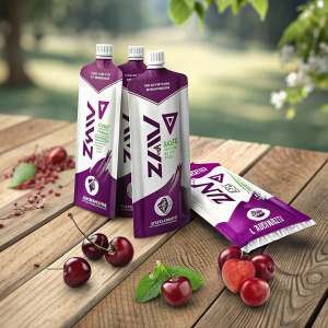 Packages of Zipvit Sport ZV7N Beetroot Nitrate Performance Gel on a rustic wooden table. Cherry flavor. Purple and white packaging.