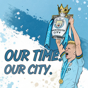 Oleksandr Zinchenko, in vibrant cartoon style, celebrates with the Premier League trophy. The backdrop is a mix of blue and white, with ink-like splatters. Manchester City logo and 'Our Time. Our City.' text prominently displayed.
