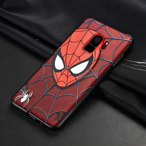 Custom-designed Spider-Man phone case for Samsung Galaxy S9. Displayed against a sleek black backdrop. Detailed web pattern and iconic Spider-Man face prominently featured.