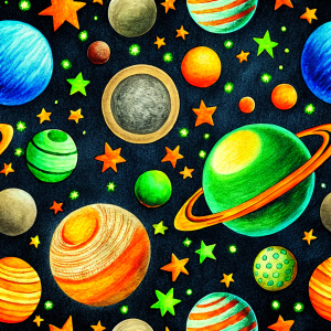 a pattern, black background, planets, stars