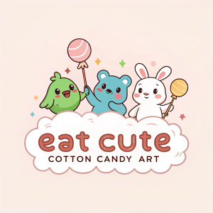 Logo design for 'Eat Cute Cotton Candy Art'. A whimsical scene featuring a fluffy cloud with three cartoon characters: a green bird, a blue bear, and a white rabbit, each holding a cotton candy stick. Below, the name 'Eat Cute Cotton Candy Art' is written in a playful, fancy font.