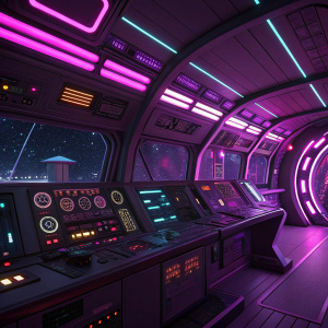 Inside a spaceship. High-tech, with glowing panels. Purple and pink neon lights. Futuristic.