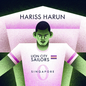 Promotional poster for soccer player Hariss Harun. Wearing Lion City Sailors jersey. His face shows determination. Poster highlights his number, name, club, price, and Singapore location. Clean, modern design. Used for Singapore soccer event.