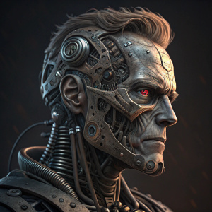 Close-up of Arnold Schwarzenegger's Terminator T-800 endoskeleton face. Detailed mechanical structure. Dark background