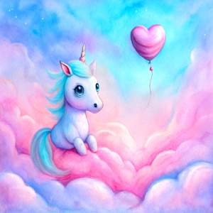 cute big eye unicorn on fluffy cloud with heart